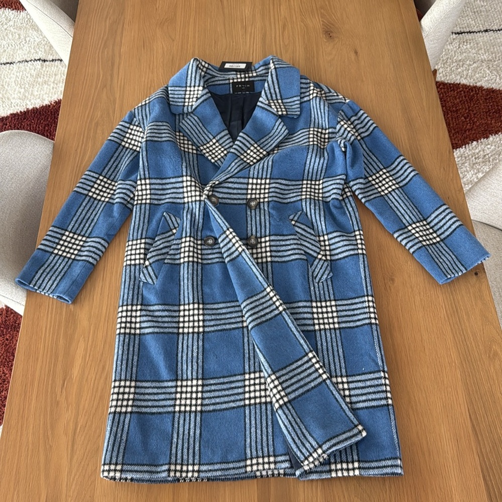 Knee length sky blue plaid coat, made by FRNCH, size M, tags on never worn - Picture 2 of 5